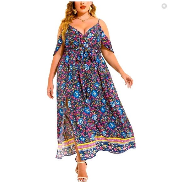 In'voland women's plus size bohemian dress floral print cold shoulder size 16w - Picture 1 of 6